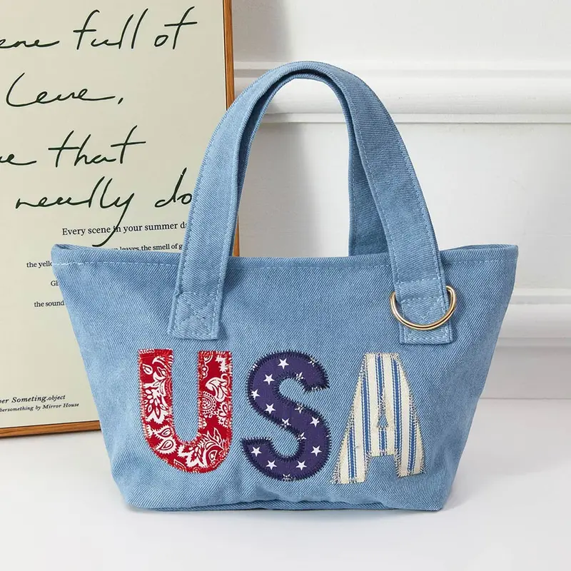 Usa Letter Embroidered Small Canvas Tote Bag 1