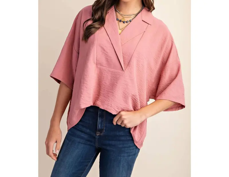 V-Neck Collared Pop Over Top In Dusty Pink 1