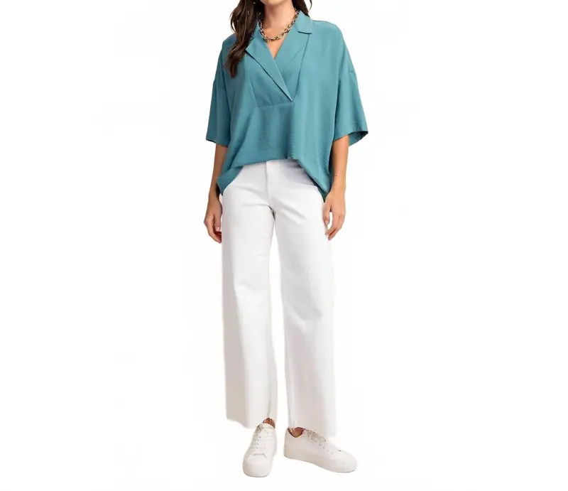 V-Neck Collared Pop Over Top In Teal 1