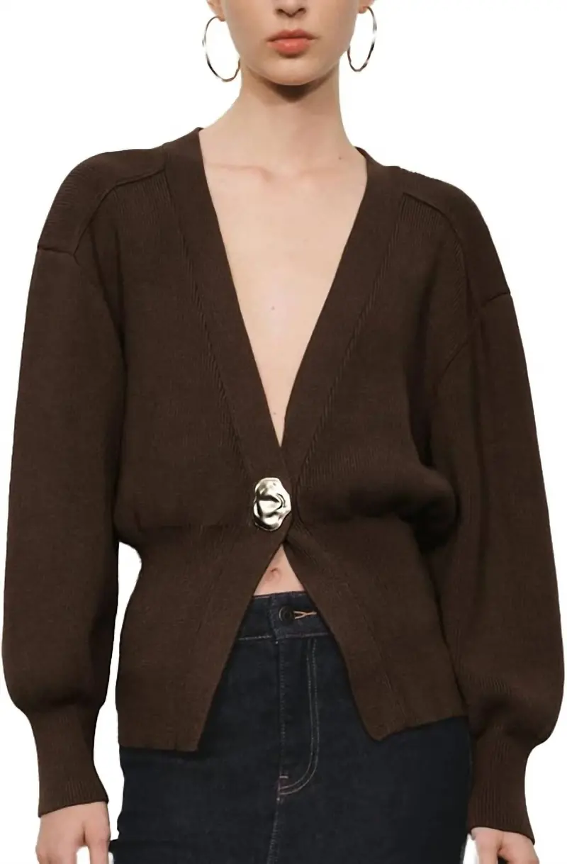 V-Neck Knitted Cardigan In Brown 1