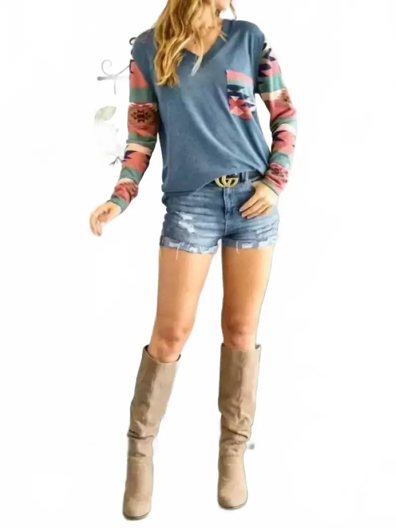 V Neck Long Sleeve Top In Teal Aztec 1