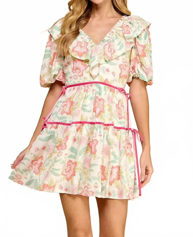 V-Neck Puff Sleeve Floral Dress In Multicoor 1