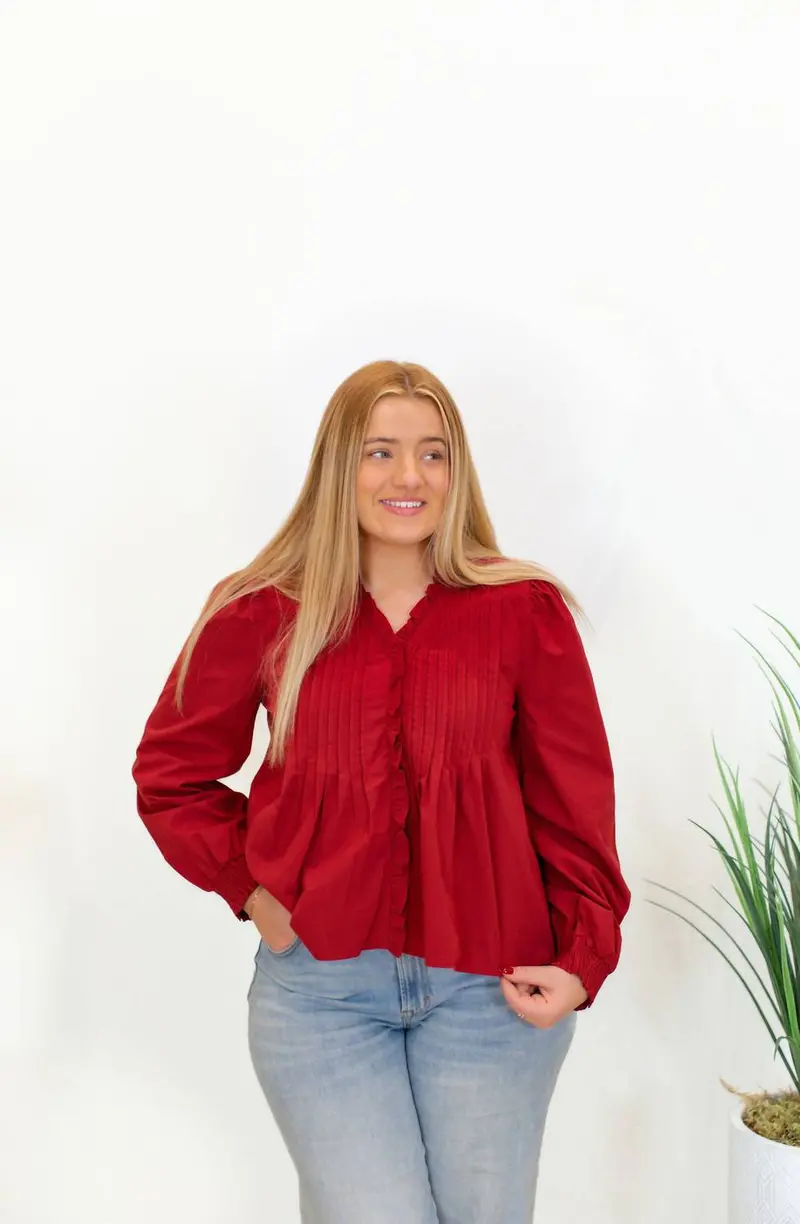 V-Neck Ruffled Trim Hidden Button Down Blouse In Crimson 1