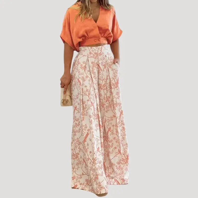V-Neck Short Shirt And Wide Leg Pants Set In Light Orange 1