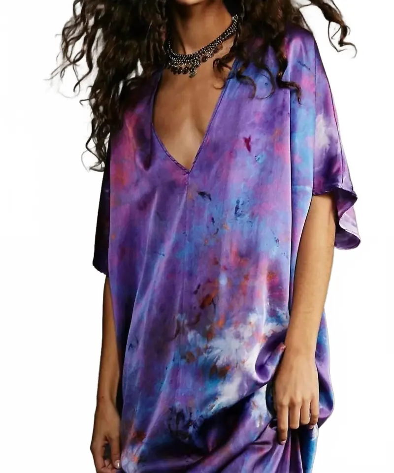 V-Neck Silk Kaftan Dress In Purple 1