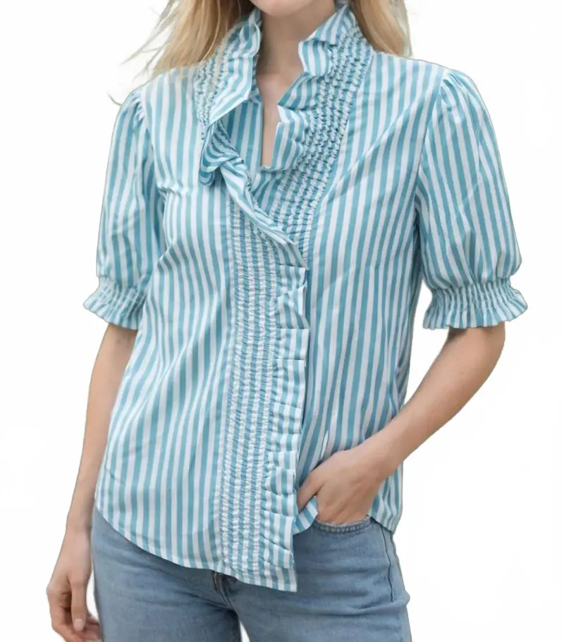 V-Neck Stripe Blouse In Turquoise 1