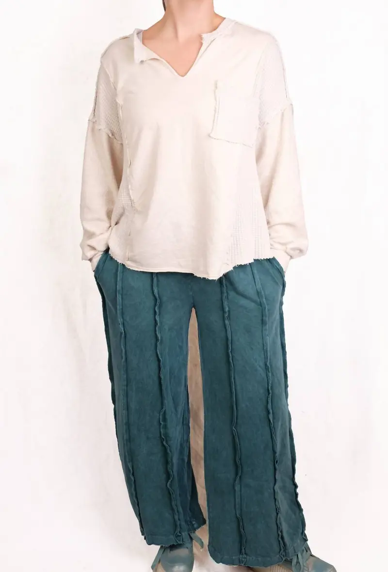 V-Neck Terry Waffle Top In Cream 1