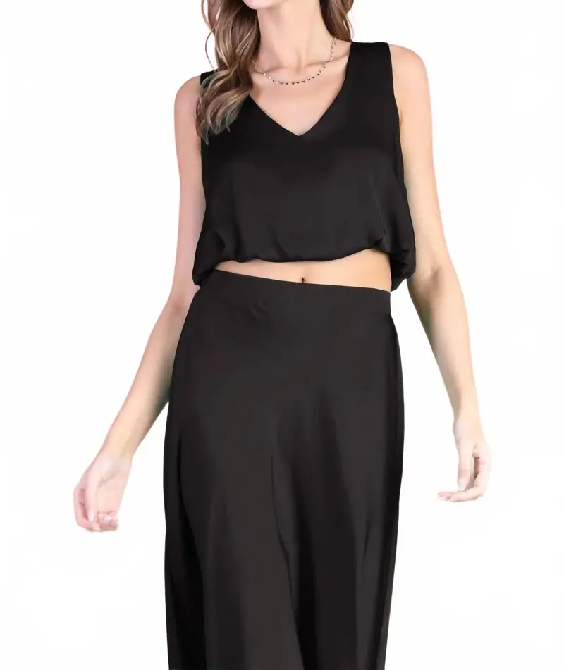 V-Neck Washed Satin Bubble Hem Top In Black 1