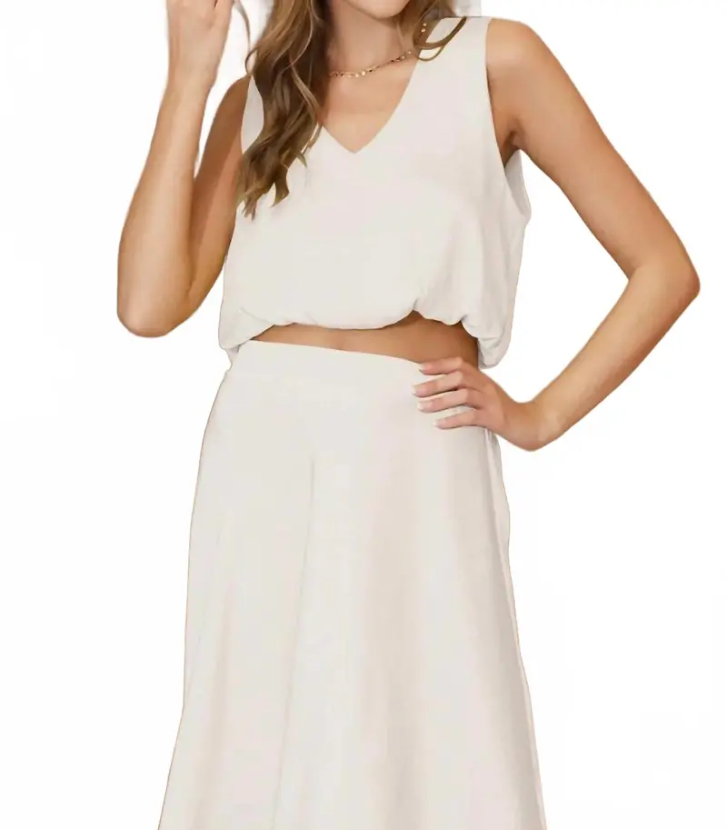 V-Neck Washed Satin Bubble Hem Top In Ivory 1