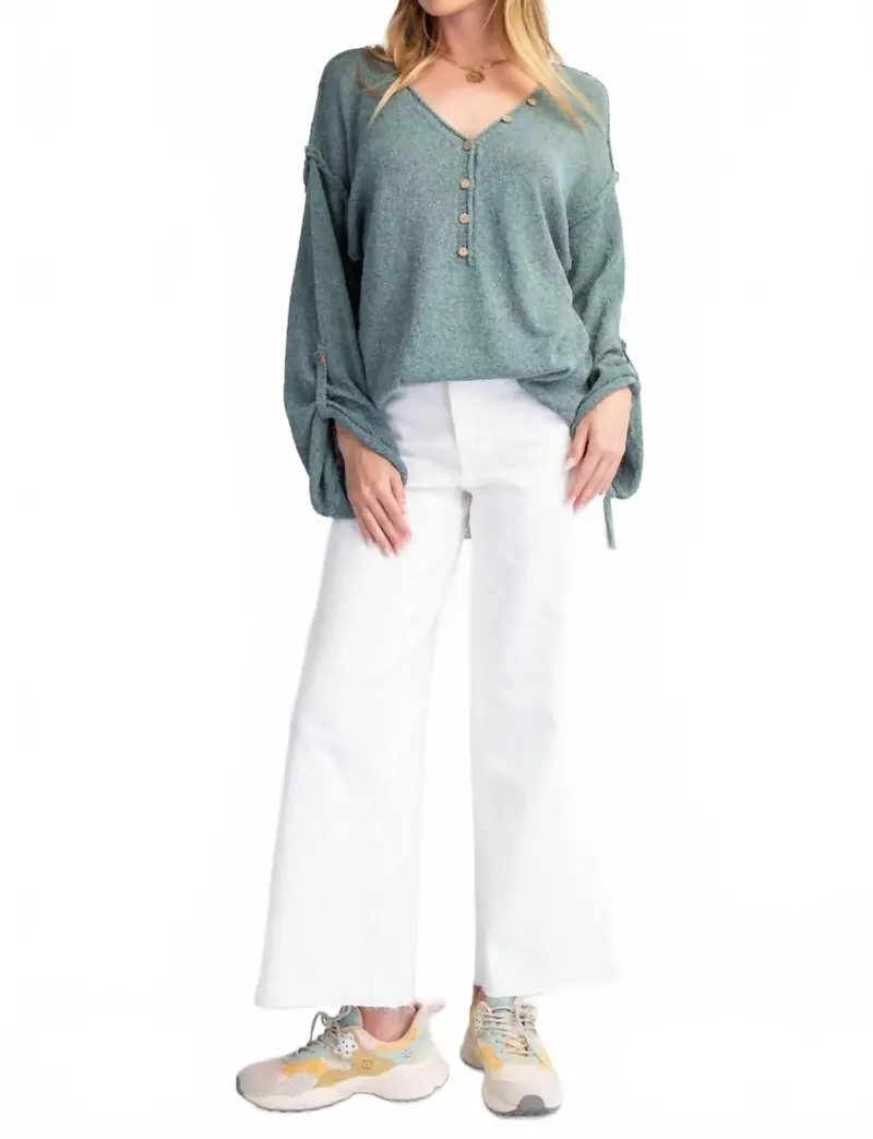 V-Neckline Knit Button Detail Sweater In Teal Green 1