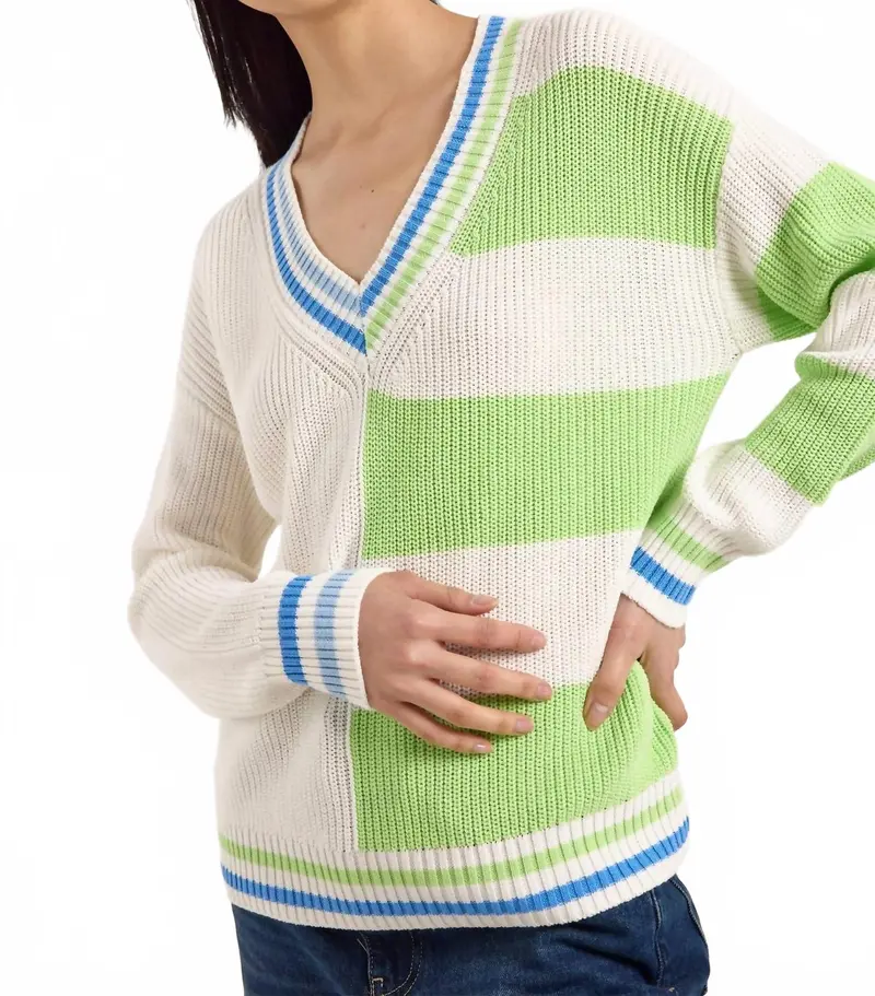 Valerie Stripe V-Neck Sweater In Ivory/Green 1