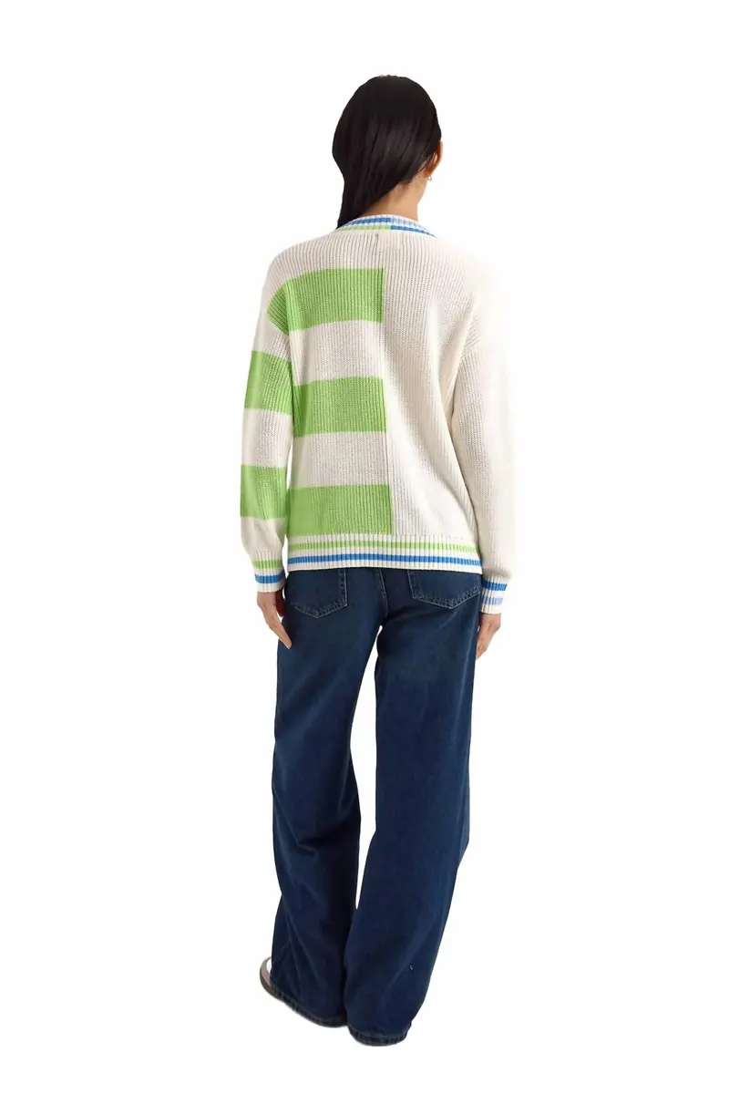 Valerie Stripe V-Neck Sweater In Ivory/Green 2