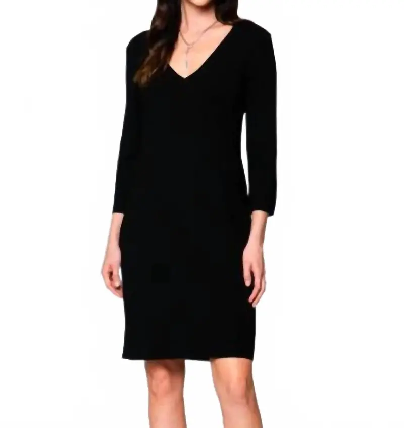 Vanessa Milano Knit Three Quarter Sleeves Sheath Midi Dress In Black 1