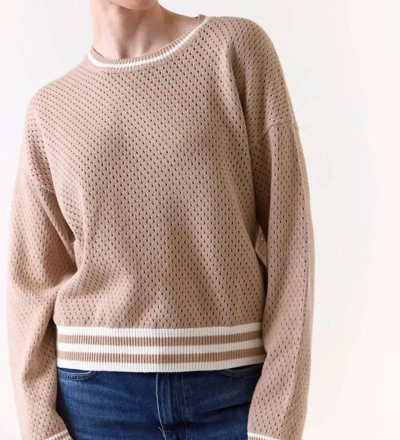 Vanessa Stripe Detail Crew Sweater In Light Brown/Ivory 1