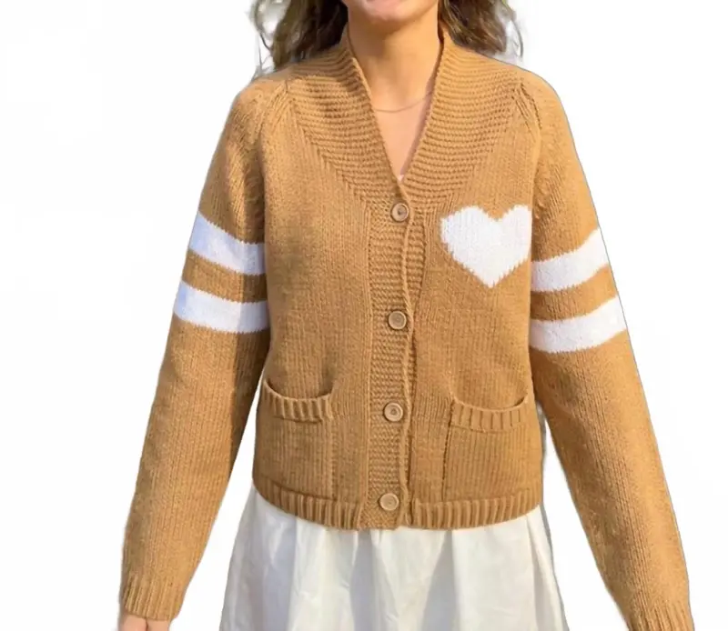 Varsity Chunky Heart Cardigan In Brown/White 1