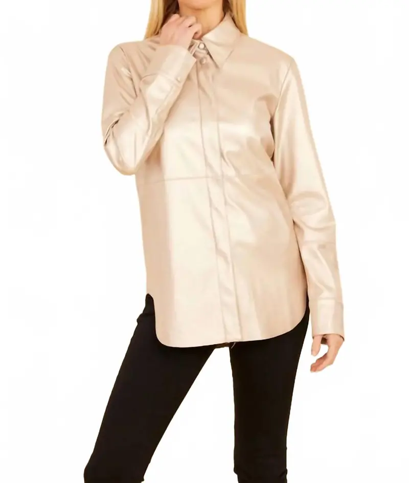Vegan Leather Button Up Shirt In Pale Metallic Gold 1