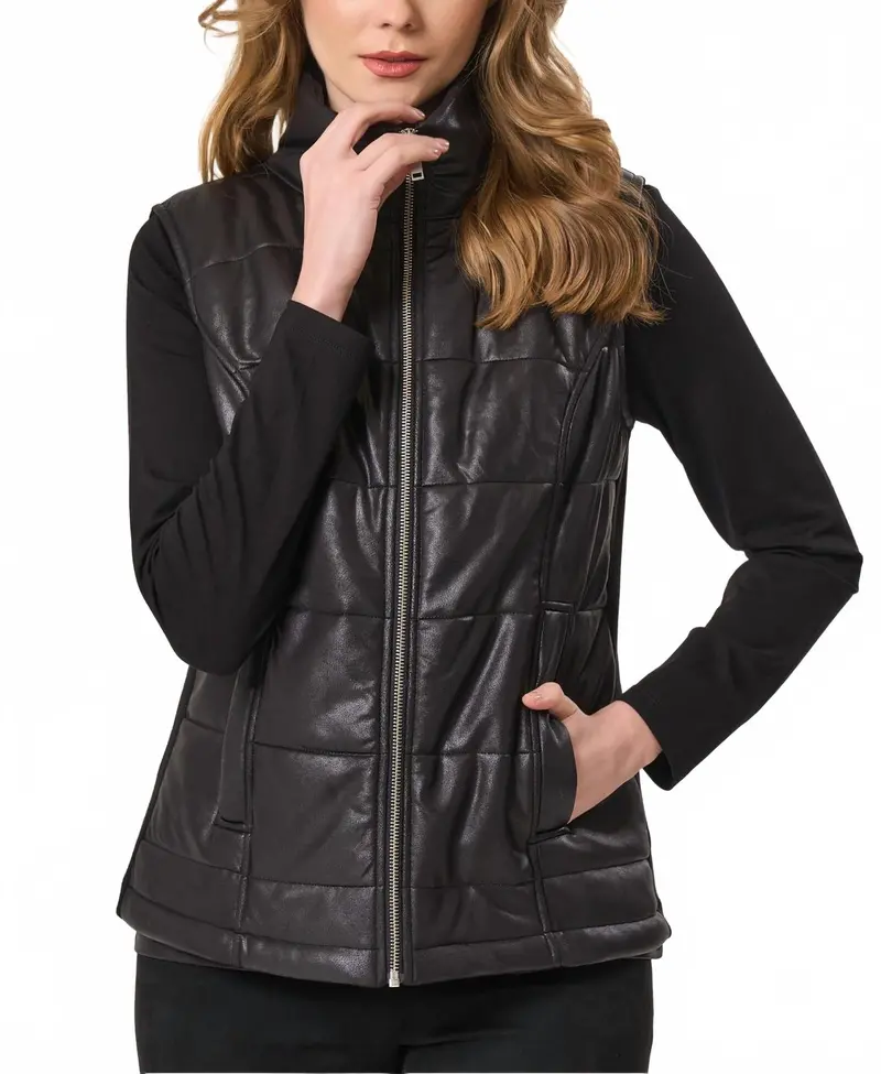 Vegan Leather & Faux Suede Quilted Vest In Black 1