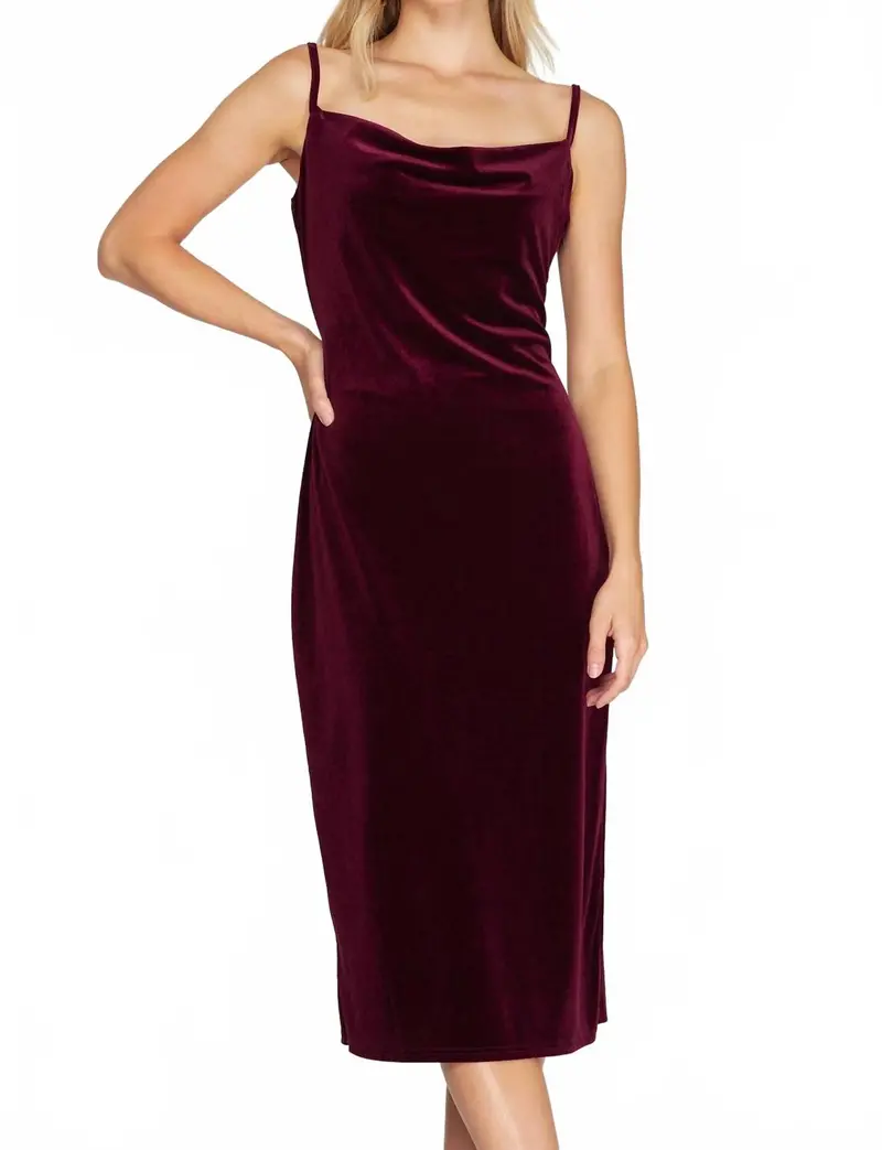Velvet Camisole Dress With Cowl Neck And Side Slit In Wine 1