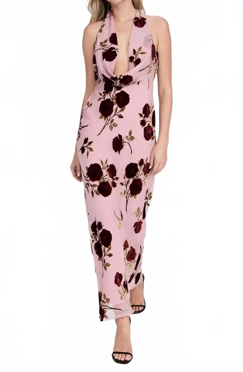 Velvet Halter Maxi Dress In Rose 1