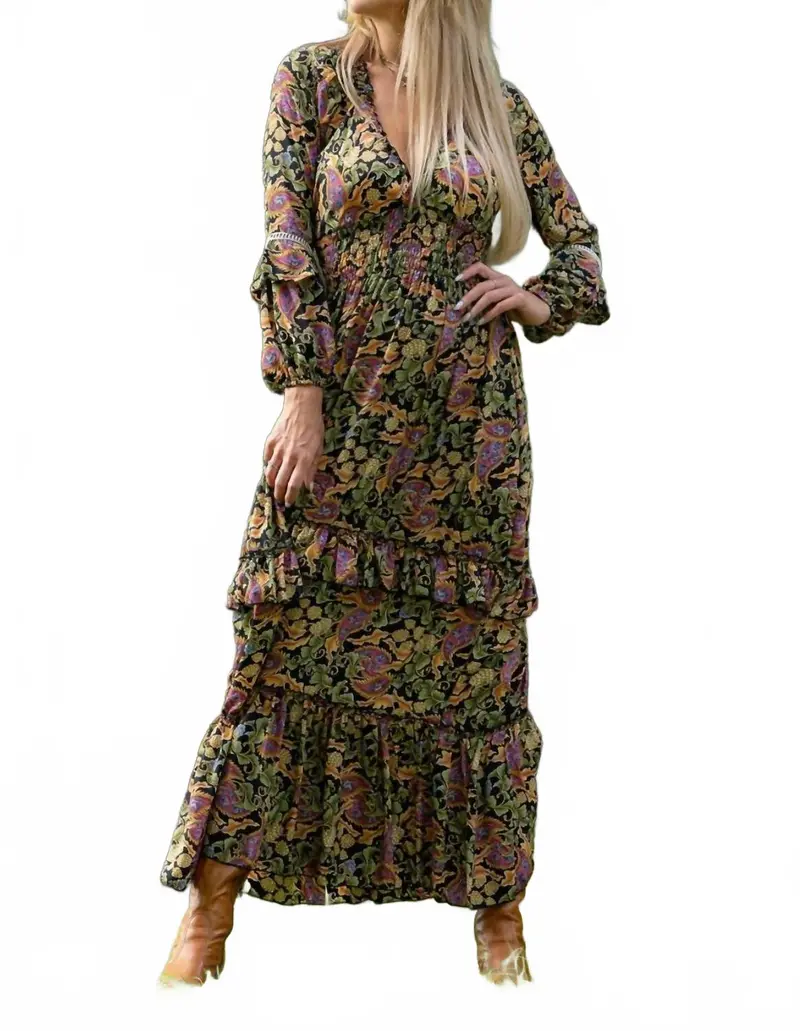 Verona Boho Maxi Dress In Green Multi 1