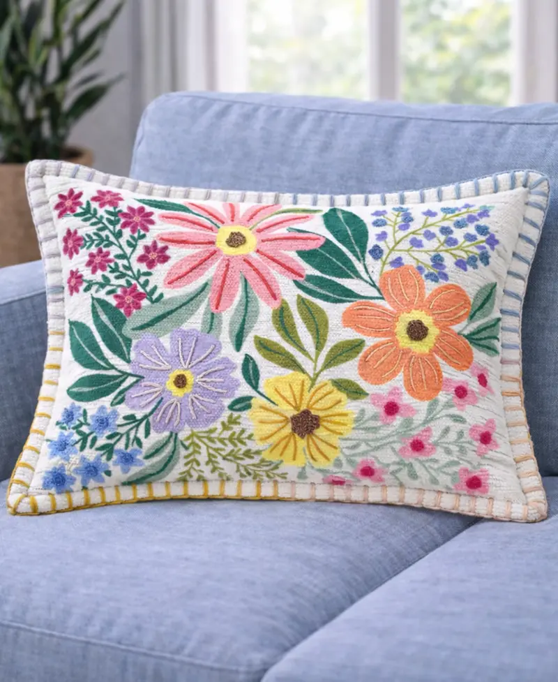 Vibhsa Backyard Garden Floral Embroidered Decorative Lumbar Pillow, 14" X 20" 1