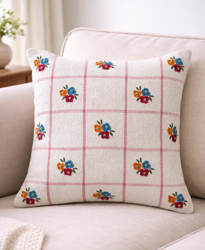 Vibhsa Daisy Checkerboard Handwoven Floral Check Decorative Pillow, 20" X 20" 1