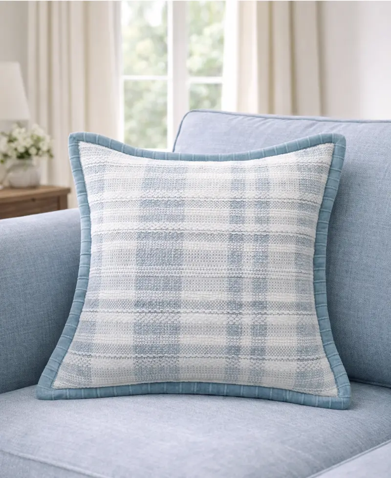 Vibhsa Soft Plaid Blue Textured Velvet Flange Decorative Pillow, 20" X 20" 1