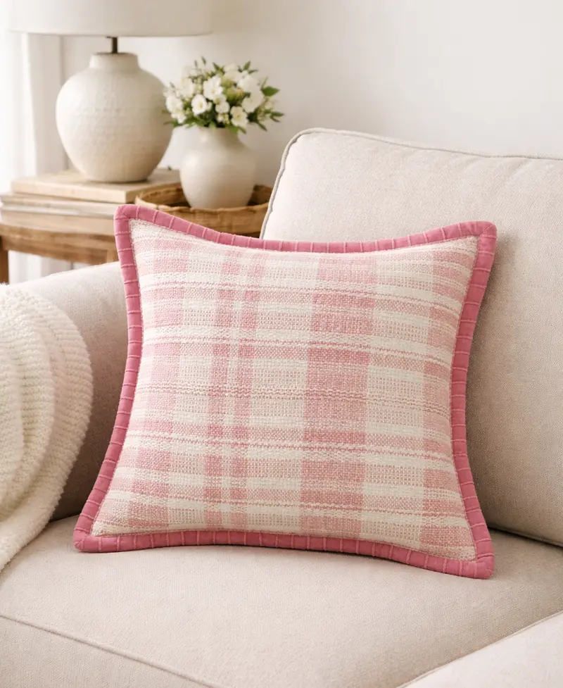 Vibhsa Soft Plaid Pink Textured Velvet Flange Decorative Pillow, 20" X 20" 1