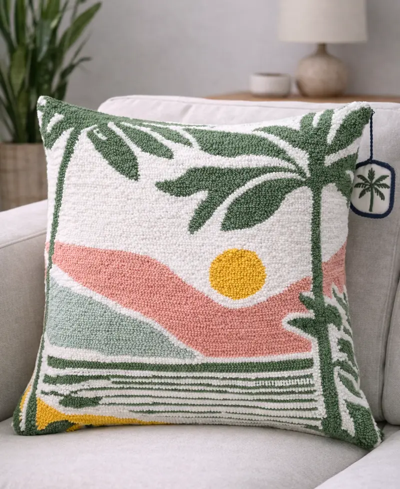 Vibhsa Sunset At The Beach Cotton Needle-Punch Decorative Pillow, 20" X 20" 1