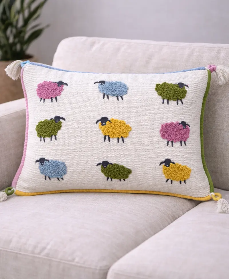 Vibhsa Whimsical Sheep Embroidered Decorative Lumbar Pillow, 14" X 20" 1