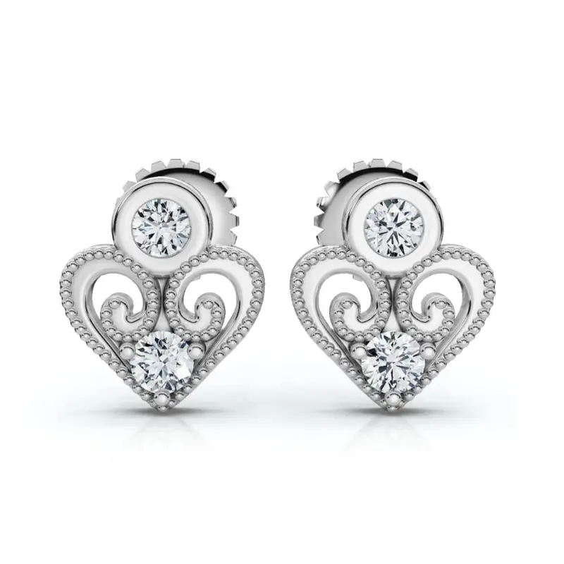 Vintage Diamond Heart Studs Petite 14K White Gold 1