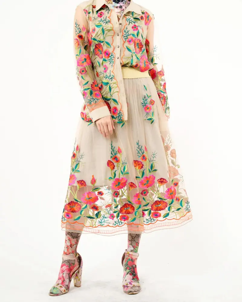 Vintage Floral Embroidered Skirt In Beige Tulip 1