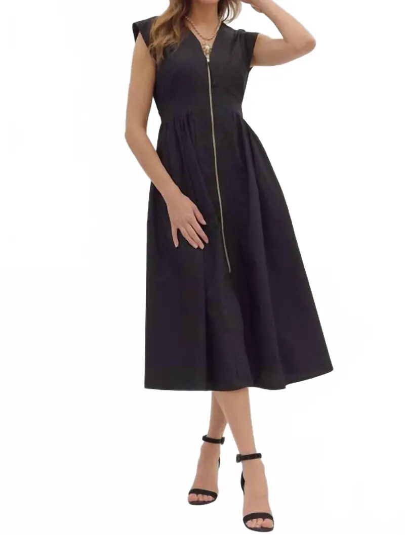 Vivian Front Zipper Smocked Waist Midi Dress In Black 1