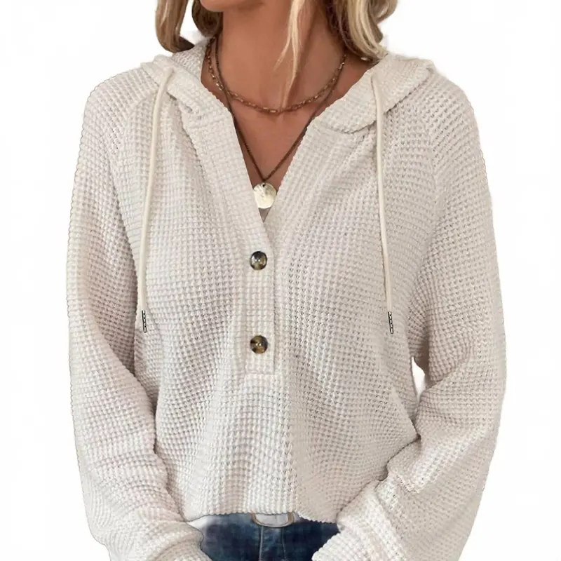 Waffle Button-Up Hoodie Pullover In Apricot 1