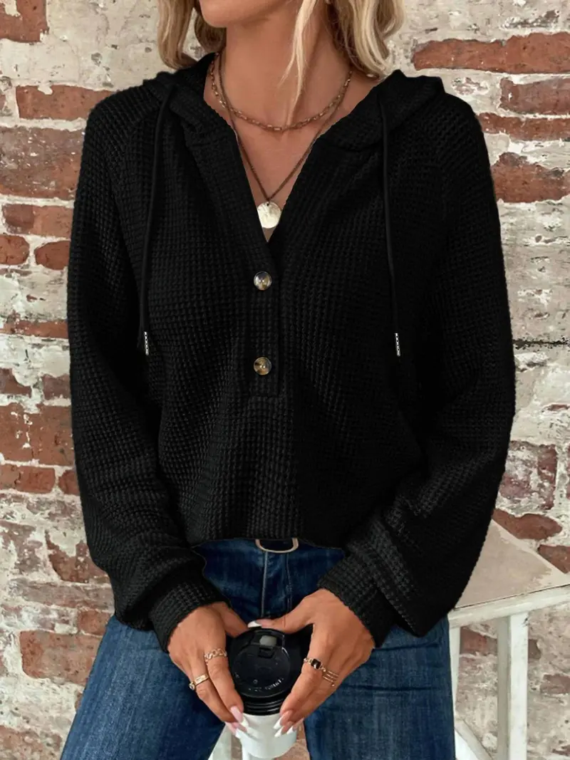 Waffle Button-Up Hoodie Pullover In Black 1