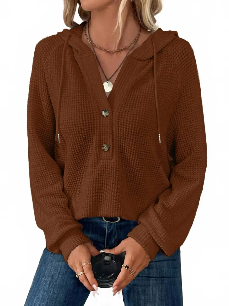 Waffle Button-Up Hoodie Pullover In Caramel 1