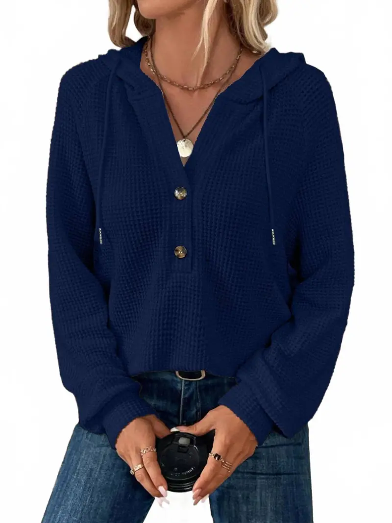 Waffle Button-Up Hoodie Pullover In Navy 1
