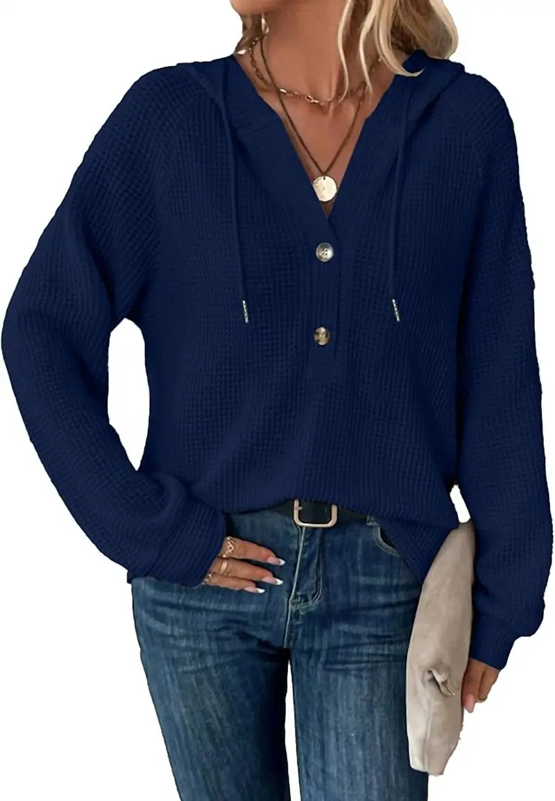 Waffle Button-Up Hoodie Pullover In Navy 2