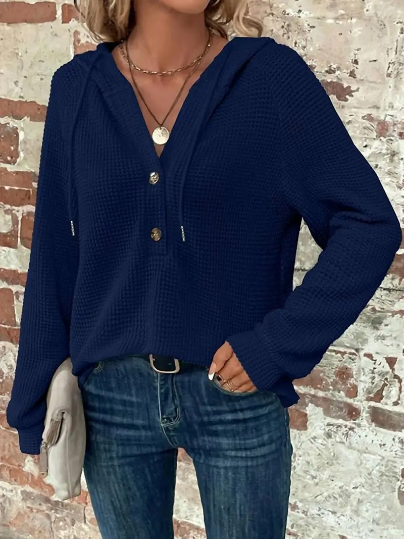 Waffle Button-Up Hoodie Pullover In Navy 3