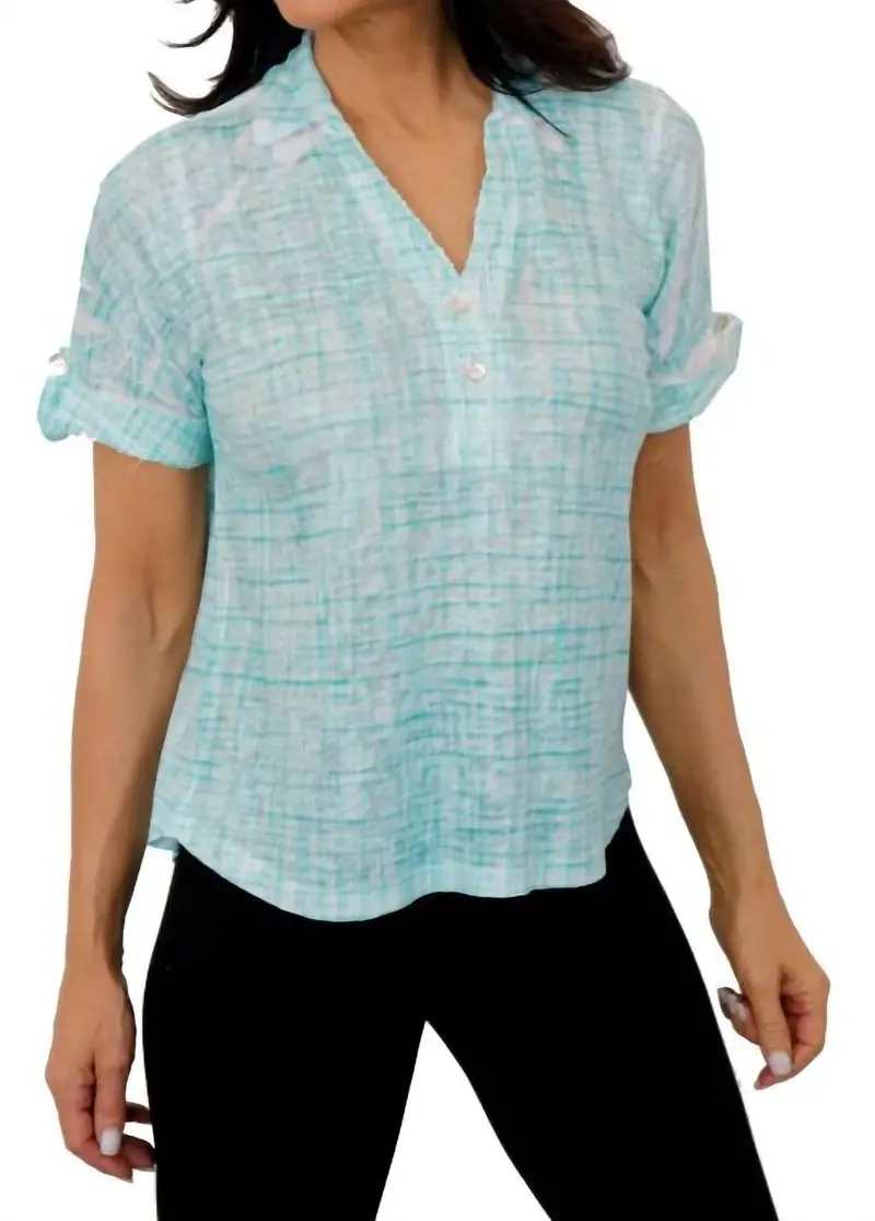 Weave Print Cuff Sleeve Top In Aqua 1