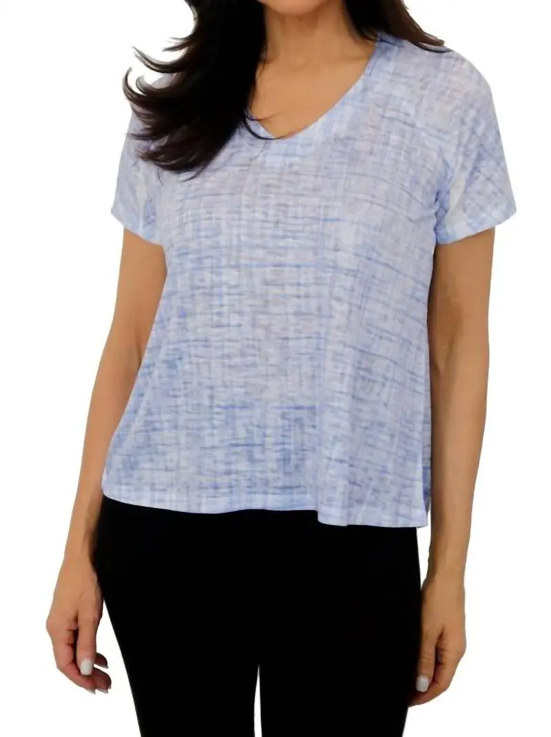 Weave Print V-Neck Short Sleeve Top In Blue 1