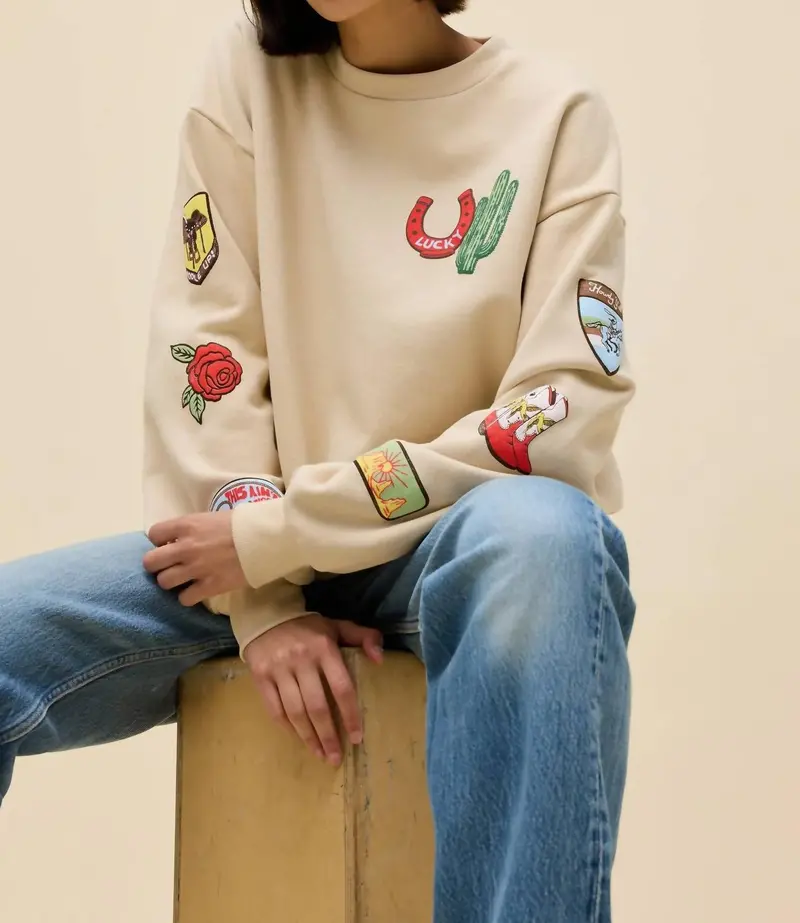 Western Patches Oversized Crew Sweatshirt In Beige 1