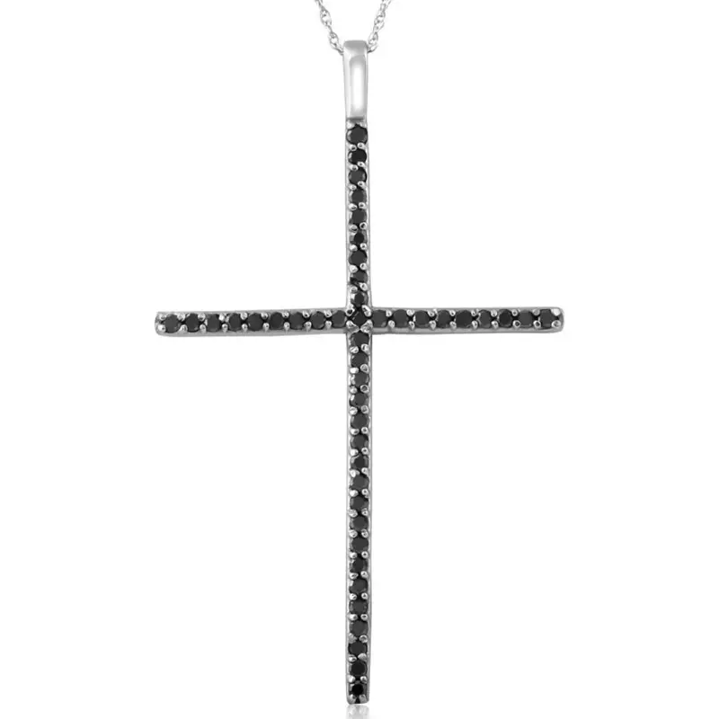 White Gold 1/2Ct Black Diamond Cross Pendant Necklace 1