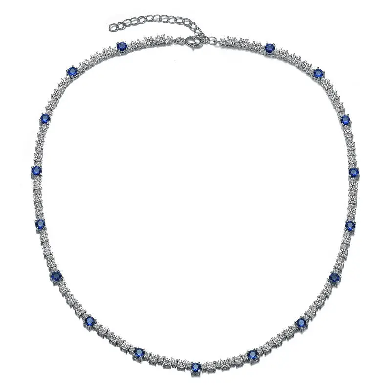 White Gold Plated With Sparkling Sapphire Blue Cubic Zirconia Tennis Chain Necklace 1