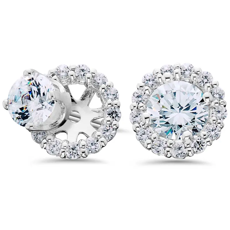 Women's 3/4Ct Diamond Studs & Earring Halo Jackets Solid 14K White Gold 1