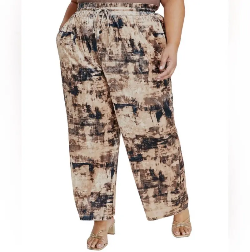 Women's Abstract Print Velvet Drawstring Pants In Beige 1