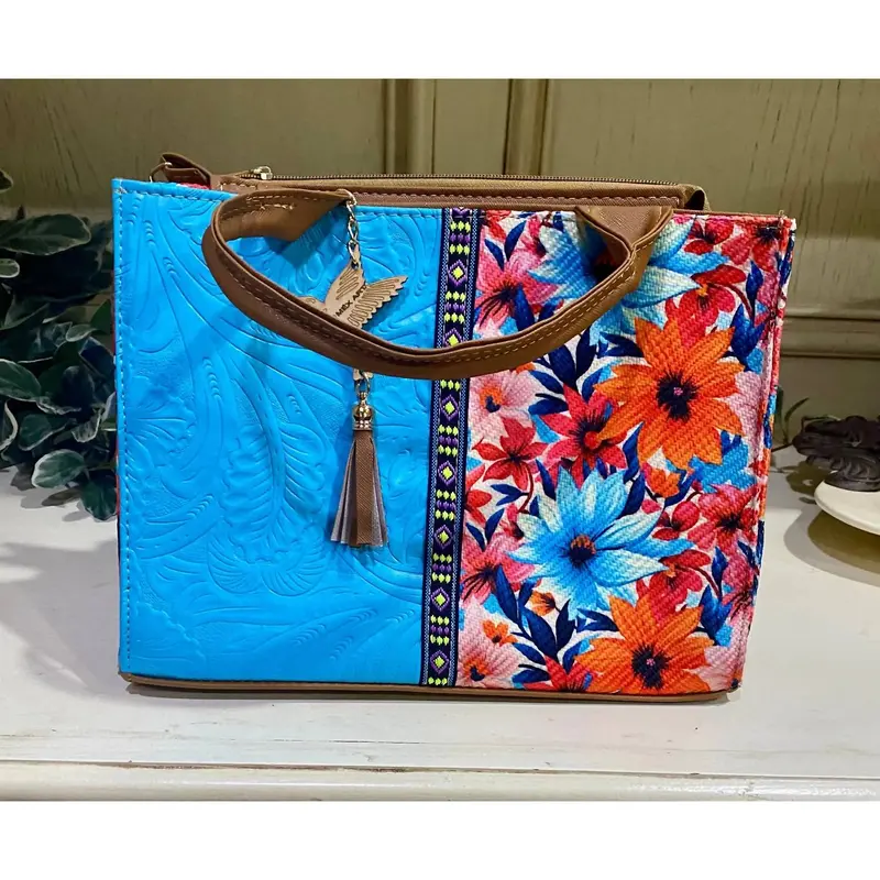 Women's Artisanal Embroidered Look Leather Tote Bag In Turquoise 1