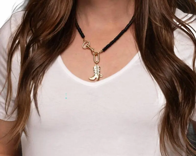 Women's Beaded Necklace Cowboy Boot Pendant In Black/Gold 1