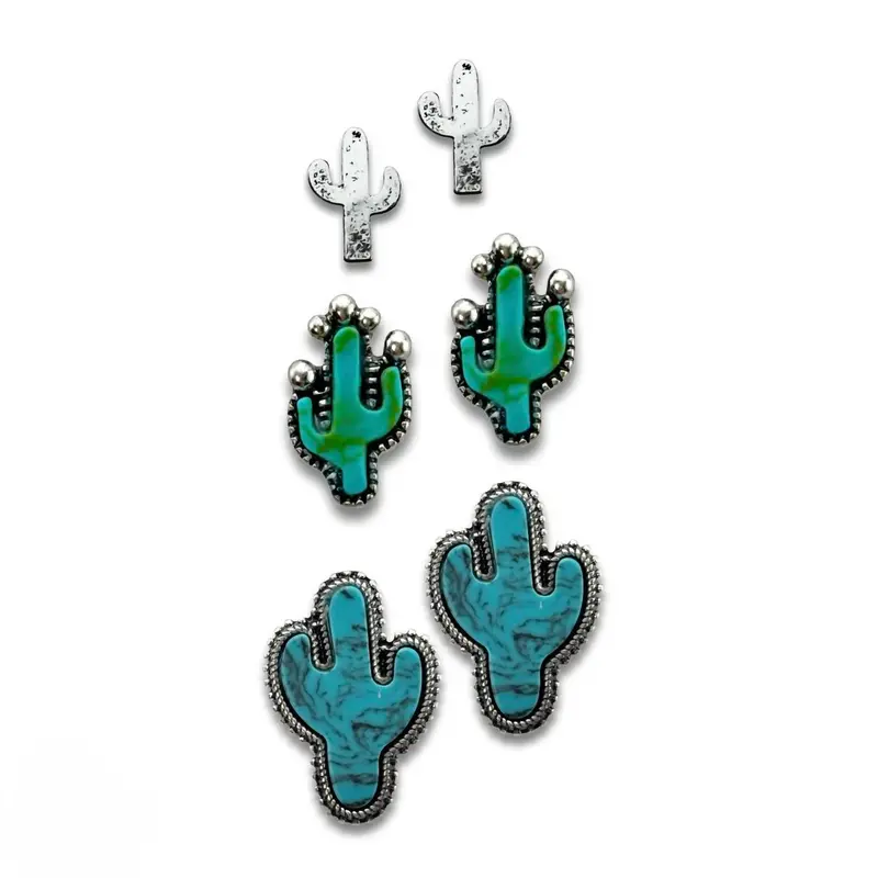 Women's Cactus Three Pairs Earring Set In Turquoise Silver 1