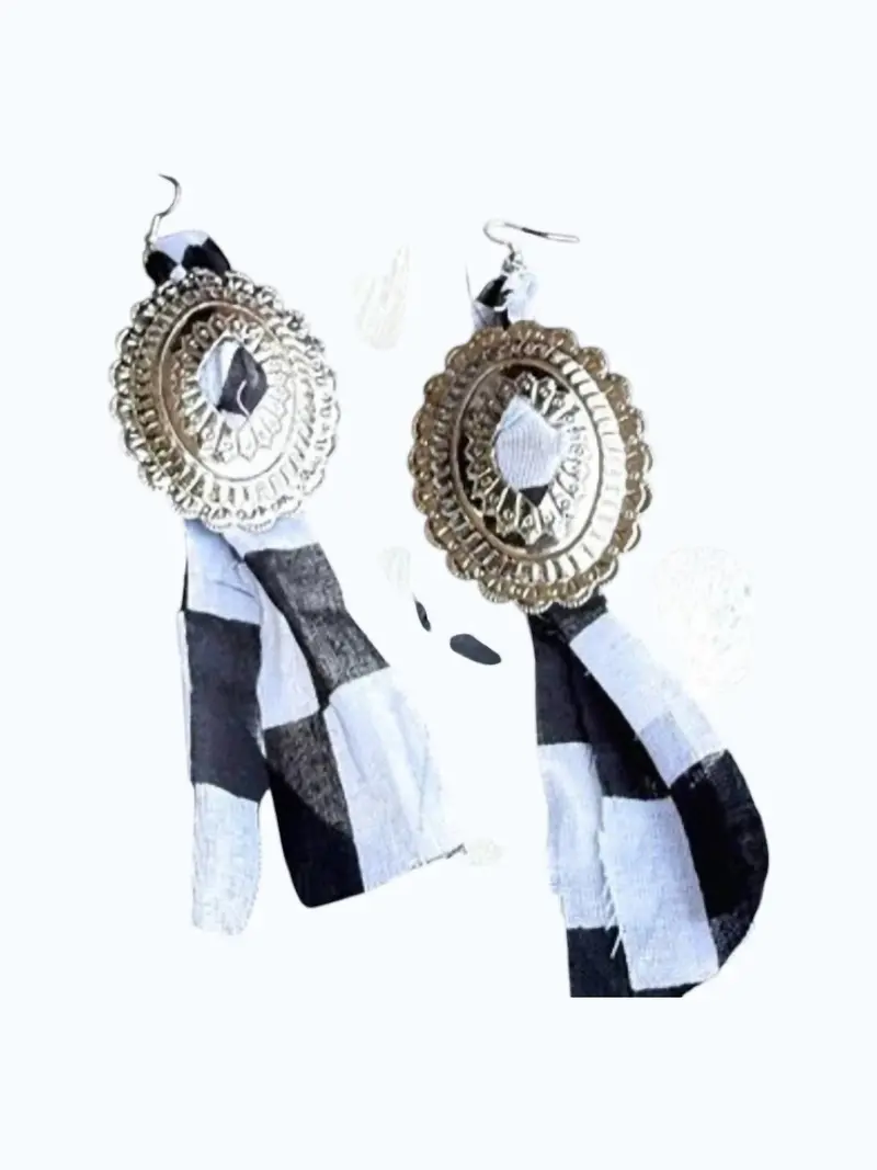 Women's Checkered Concho Bandana Dangle Earrings In Black/White 1